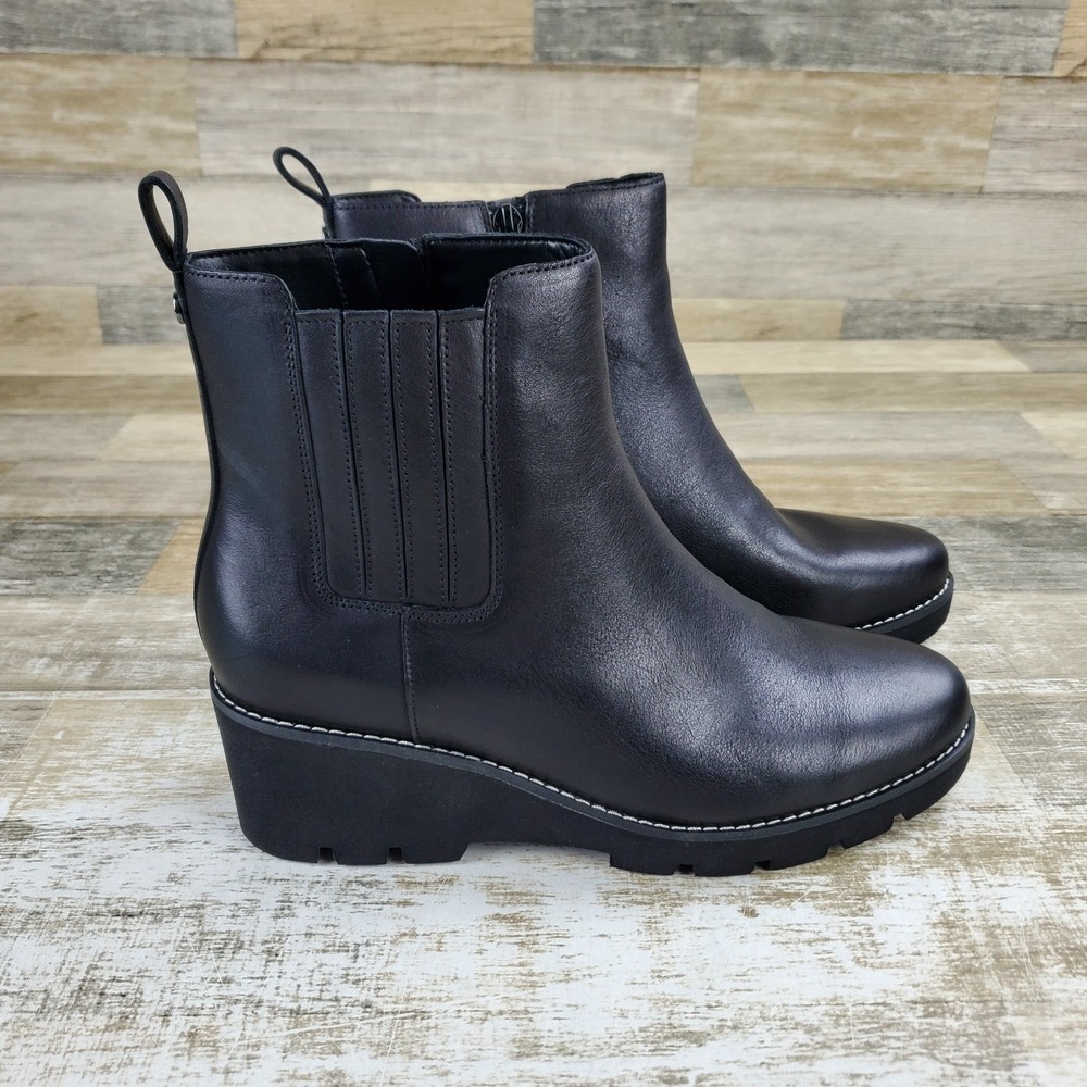 Vionic Aria Womens Wedge Ankle Booties Sz 9 M Black Leather Mid-Top Pull On